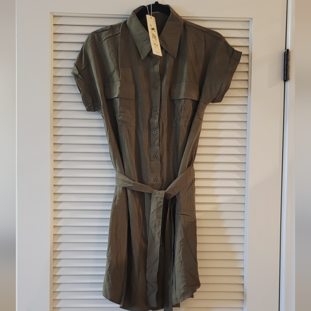 SMX - (NWT) Olive Green Short-Sleeve Mini Shirt Dress With Front Pockets & Belt